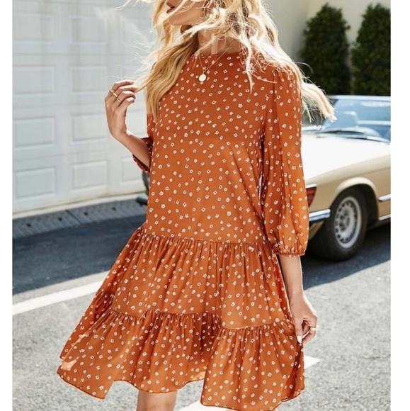 Dresses & Skirts - Orange Floral Tiered Ruffle Hem 3/4 Sleeve Dress